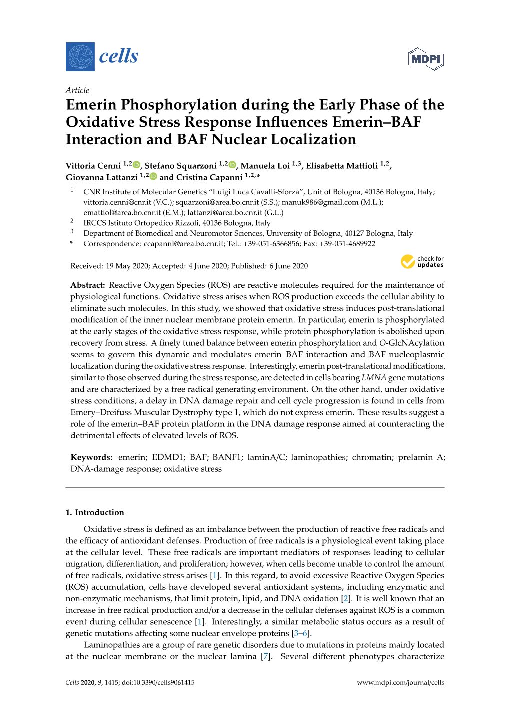 Emerin Phosphorylation During the Early Phase of the Oxidative Stress Response Influences Emerin–BAF Interaction and BAF Nucle