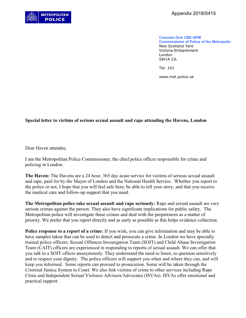 Special Letter to Victims of Serious Sexual Assault and Rape Attending the Havens, London