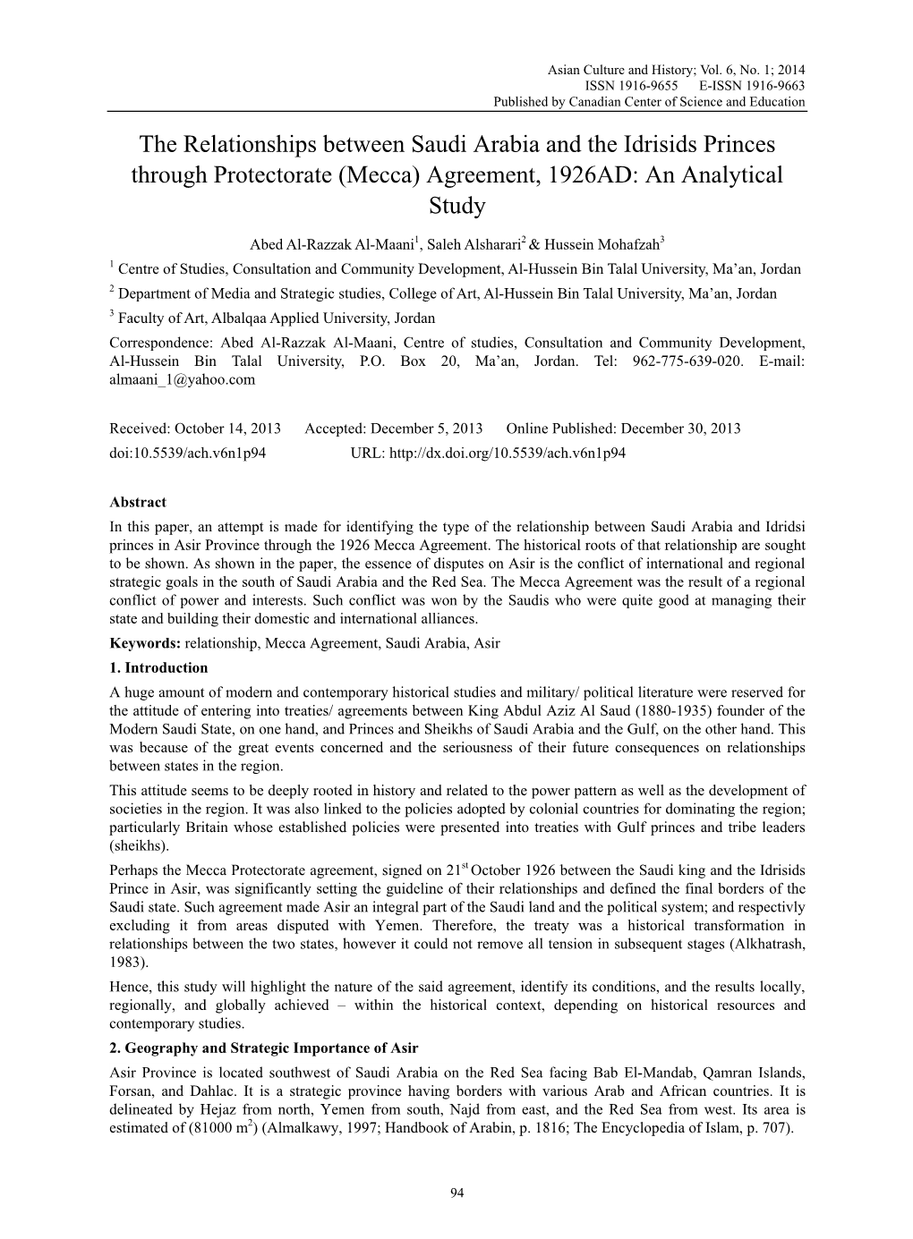 The Relationships Between Saudi Arabia and the Idrisids Princes Through Protectorate (Mecca) Agreement, 1926AD: an Analytical Study