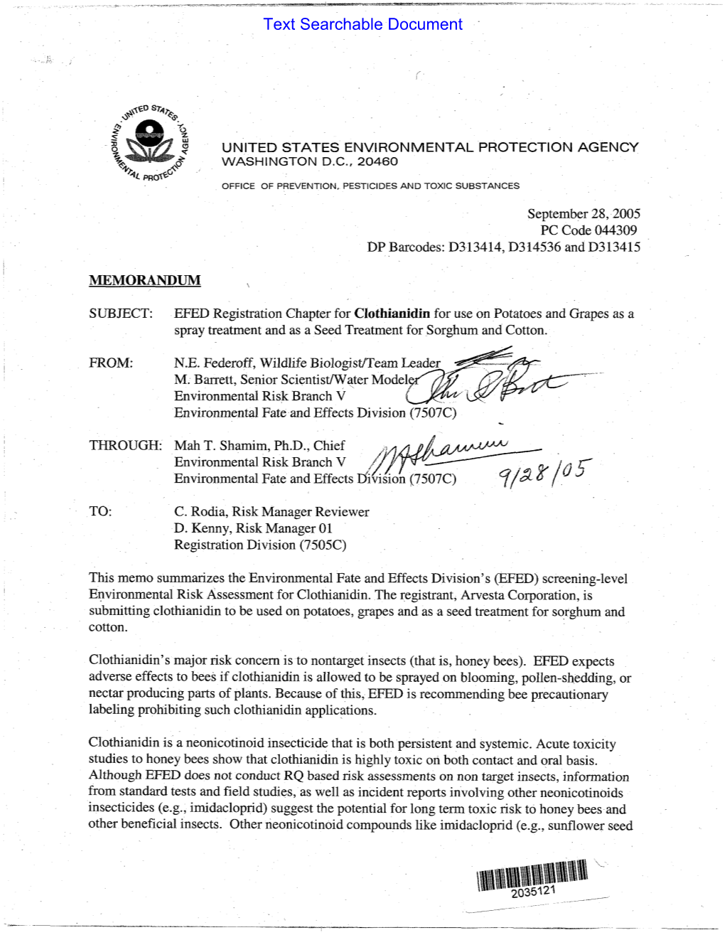 US EPA-Pesticides; Clothianidin