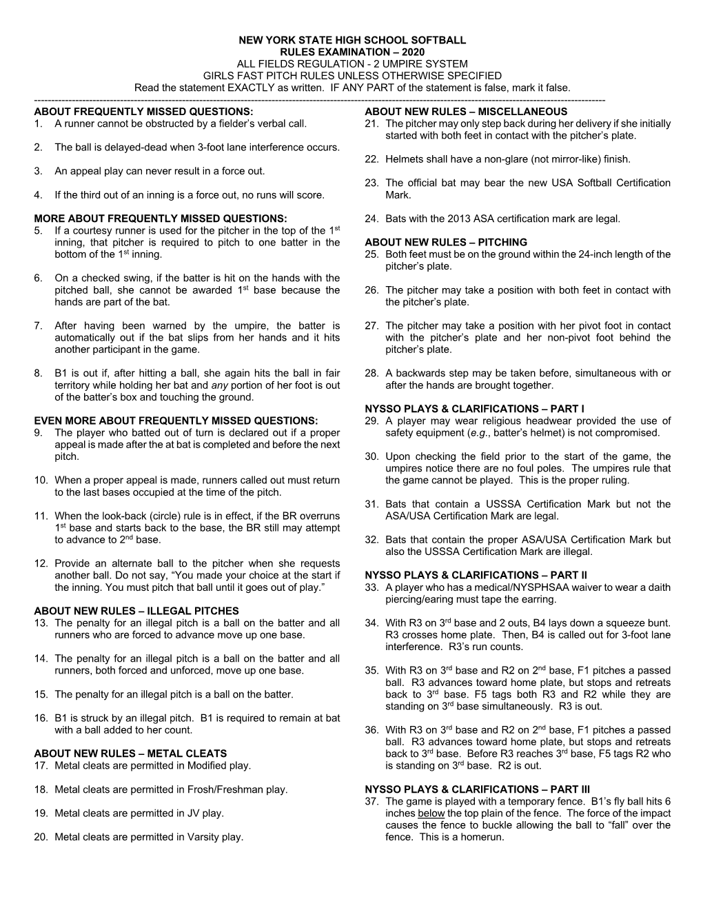 New York State High School Softball Rules Examination DocsLib