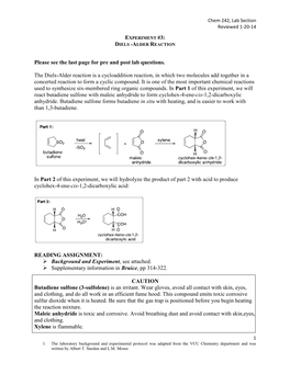 Please See the Last Page for Pre and Post Lab Questions. the Diels-Alder