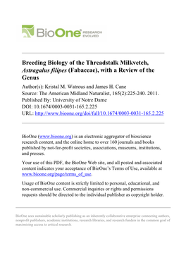 Breeding Biology of the Threadstalk Milkvetch, Astragalus Filipes (Fabaceae), with a Review of the Genus Author(S): Kristal M