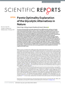 Pareto Optimality Explanation of the Glycolytic Alternatives in Nature Received: 2 July 2018 Chiam Yu Ng, Lin Wang, Anupam Chowdhury & Costas D
