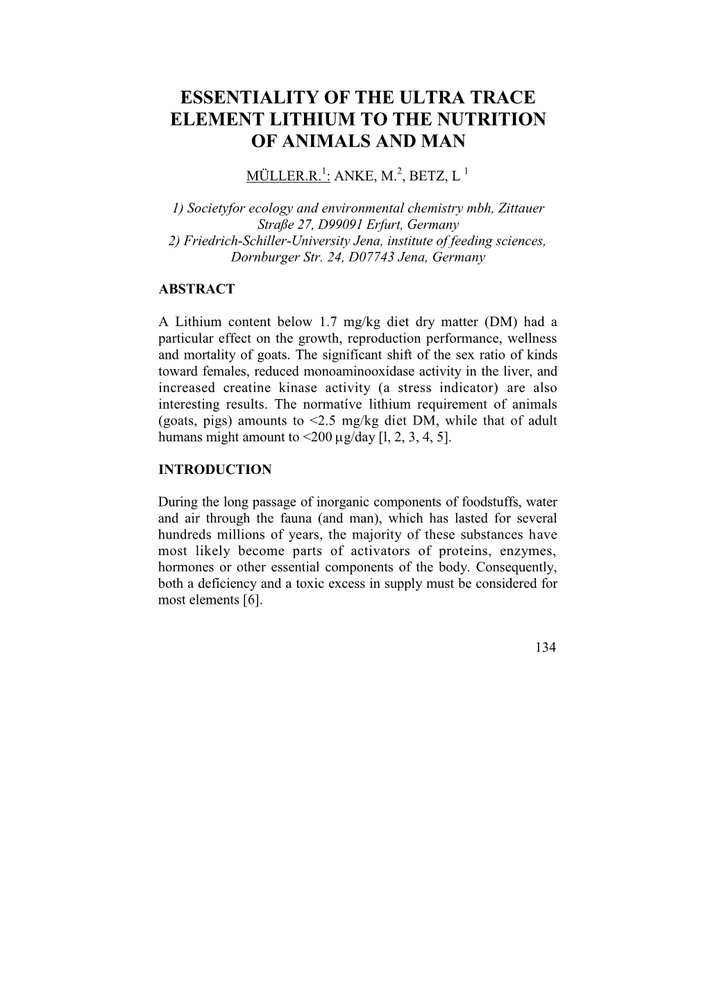 Essentiality of the Ultra Trace Element Lithium to the Nutrition of Animals and Man