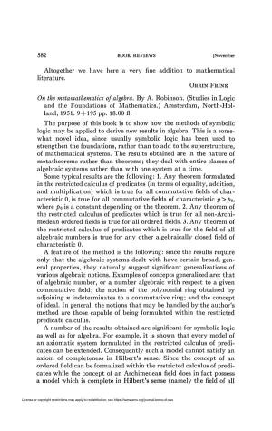582 Altogether We Have Here a Very Fine Addition to Mathematical Literature. on the Metamathematics of Algebra. by A. Robinson
