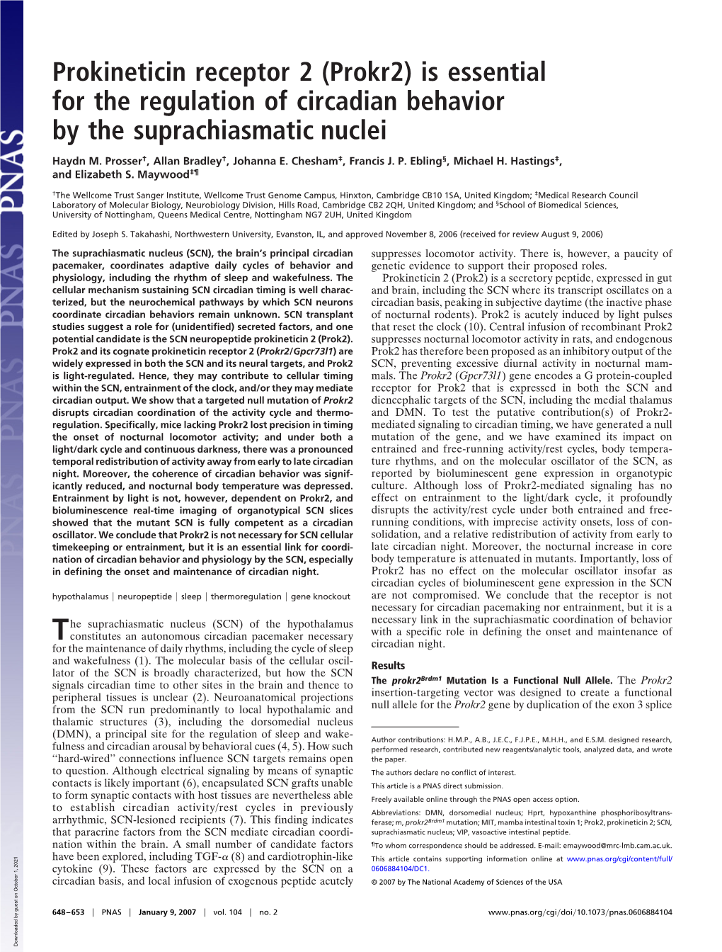 Prokineticin Receptor 2 (Prokr2) Is Essential for the Regulation of Circadian Behavior by the Suprachiasmatic Nuclei