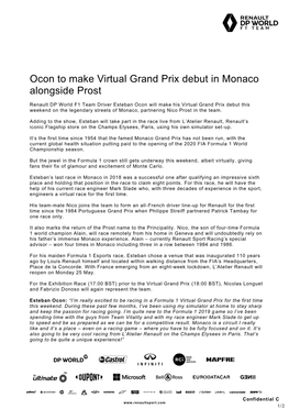 Ocon to Make Virtual Grand Prix Debut in Monaco Alongside Prost