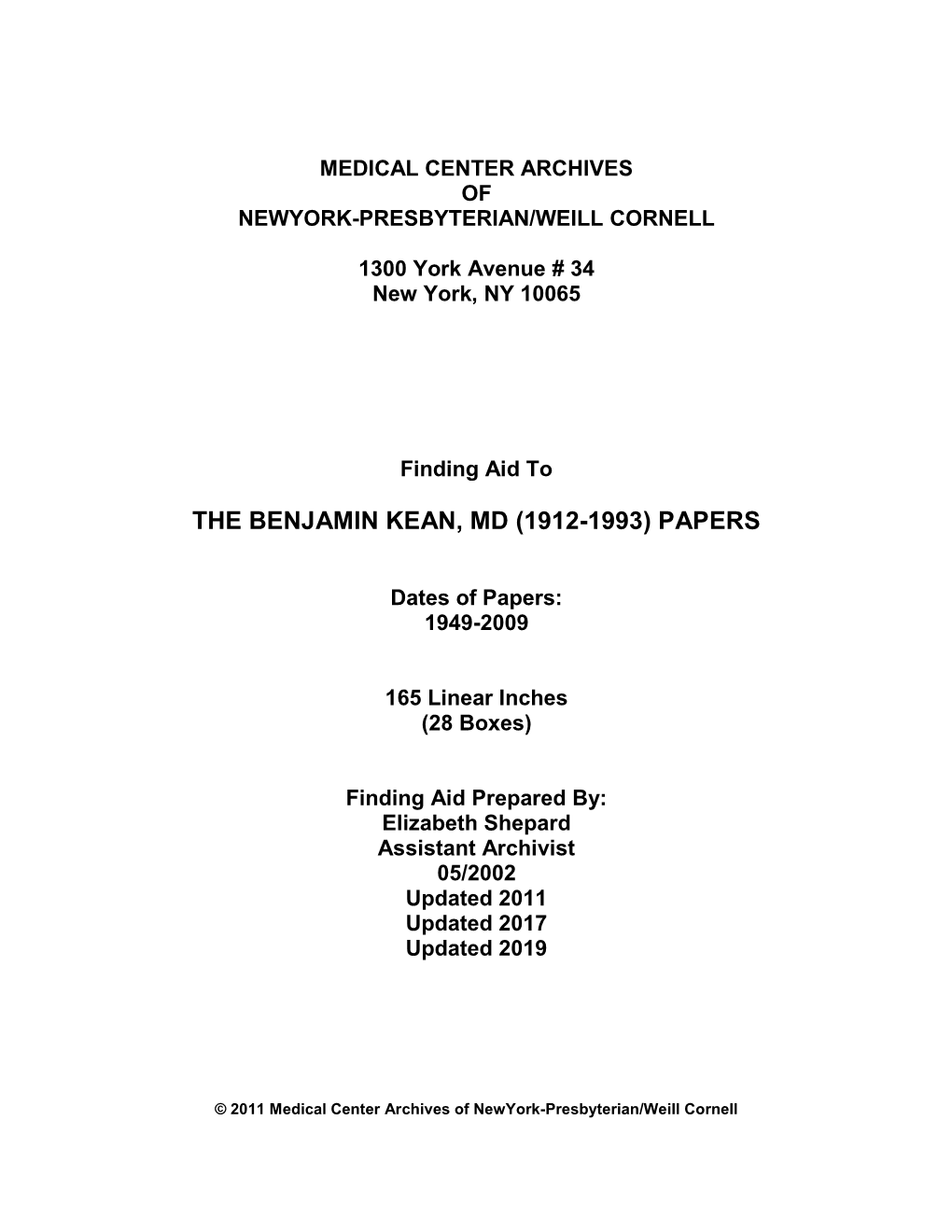 The Benjamin Kean, Md (1912-1993) Papers