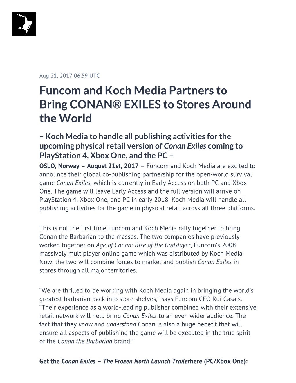 Funcom and Koch Media Partners to Bring CONAN® EXILES to Stores Around the World