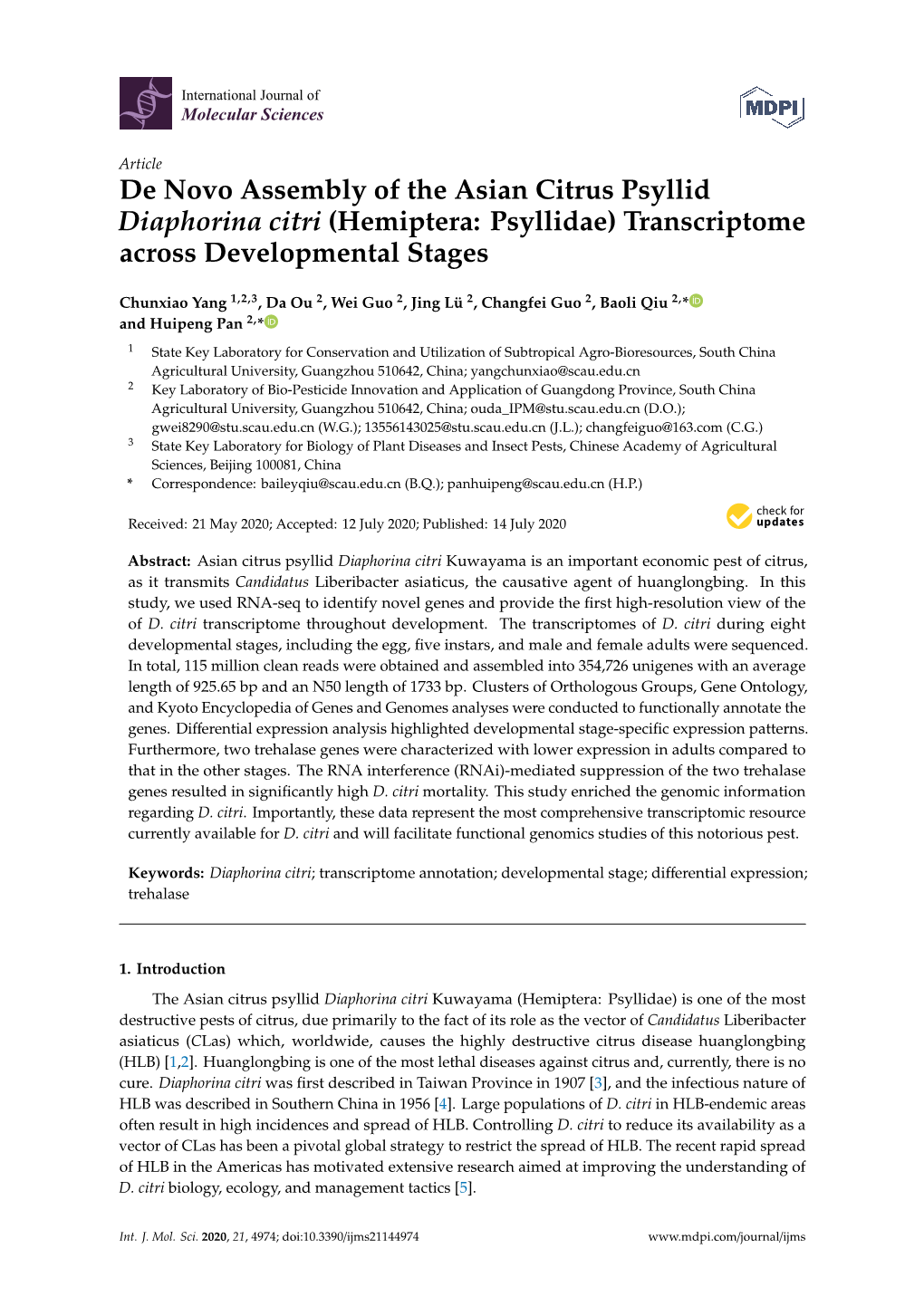 De Novo Assembly of the Asian Citrus Psyllid Diaphorina Citri (Hemiptera: Psyllidae) Transcriptome Across Developmental Stages