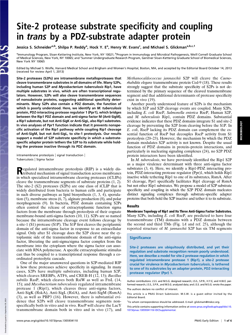 Site-2 Protease Substrate Specificity and Coupling in Trans by a PDZ