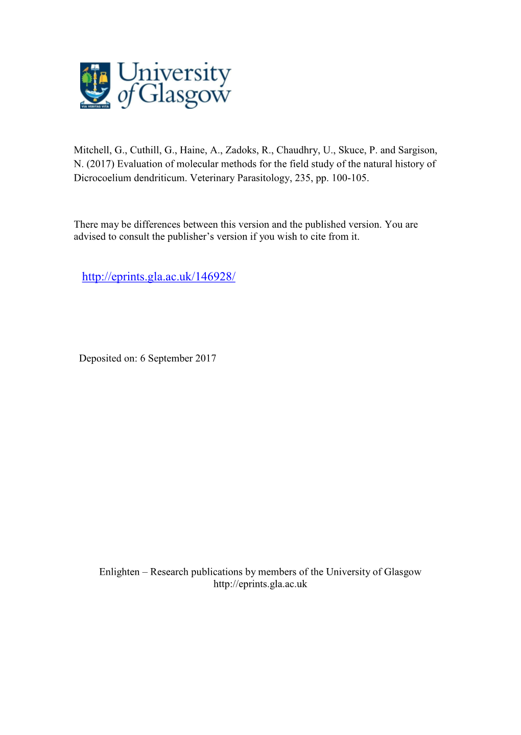 Evaluation of Molecular Methods for the Field Study of the Natural History of Dicrocoelium Dendriticum