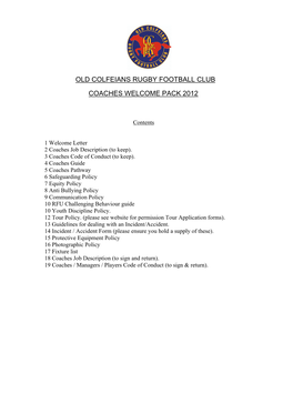 Old Colfeians Rugby Football Club Coaches Welcome