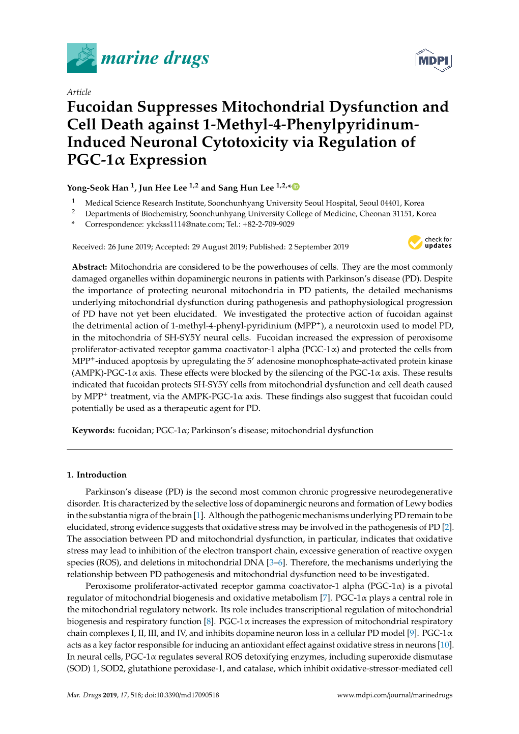 Fucoidan Suppresses Mitochondrial Dysfunction and Cell Death Against 1-Methyl-4-Phenylpyridinum- Induced Neuronal Cytotoxicity Via Regulation of PGC-1Α Expression