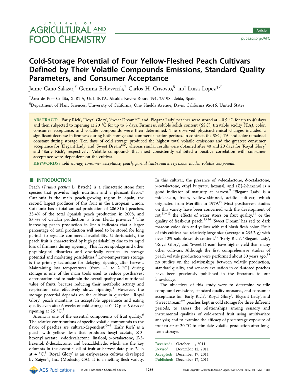 Cold-Storage Potential of Four Yellow-Fleshed Peach Cultivars