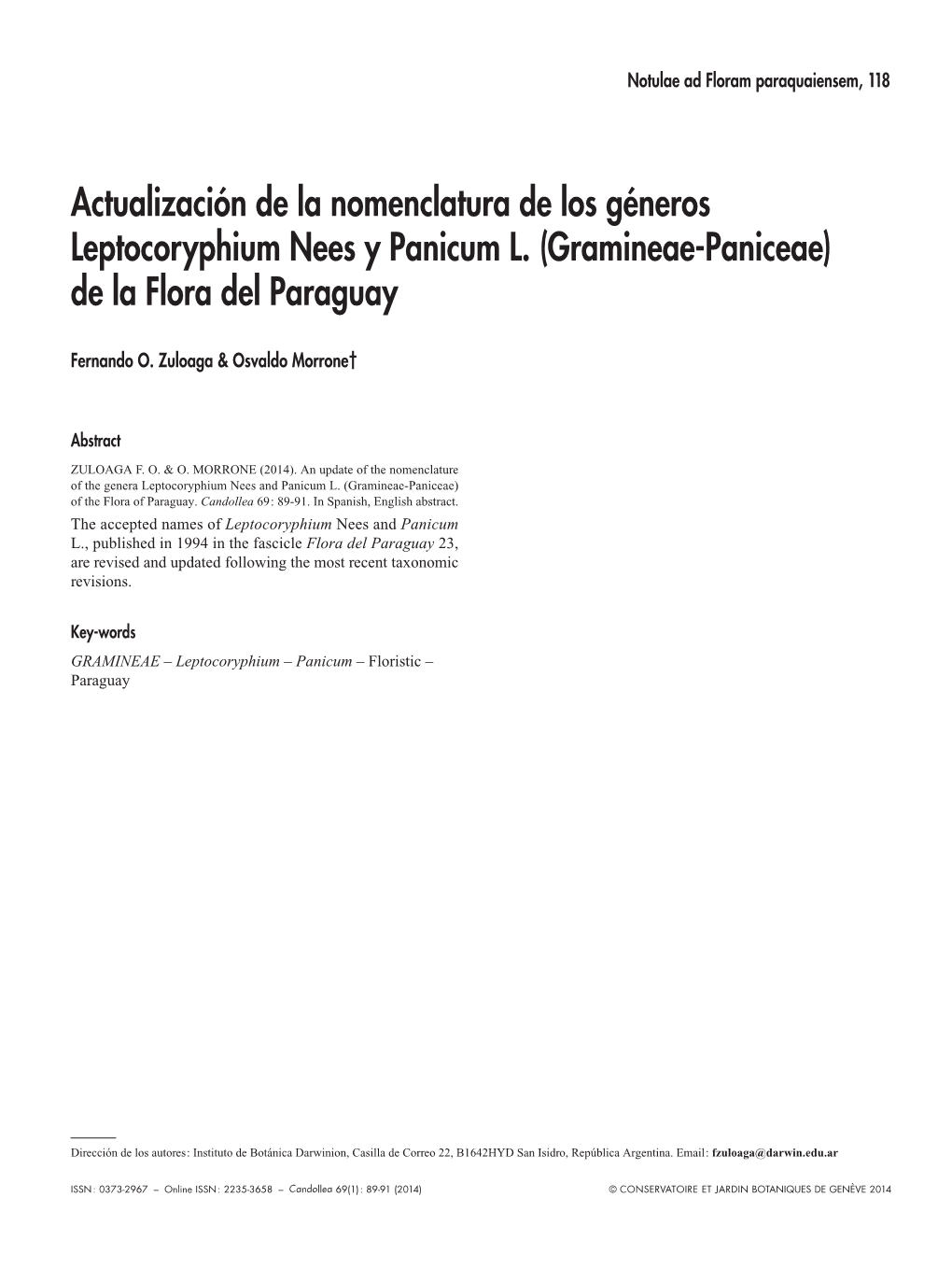 Actualización De La Nomenclatura De Los Géneros Leptocoryphium Nees Y Panicum L