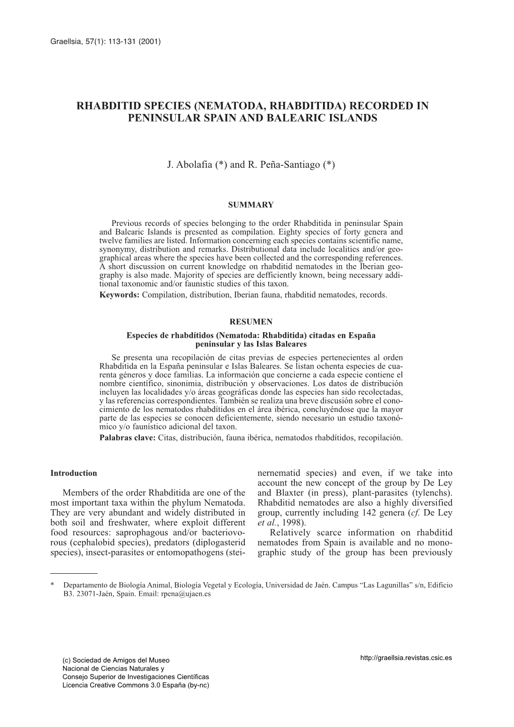 (Nematoda, Rhabditida) Recorded in Peninsular Spain and Balearic Islands