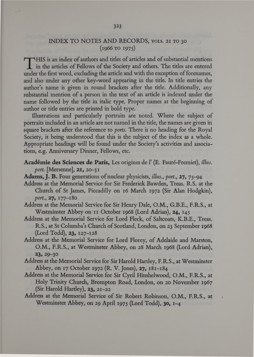 1966 to 1975) Ry-Ih IS Is an Index of Authors and Titles of Articles and O F Substantial Mentions I in the Articles of Fellows of the Society and Others