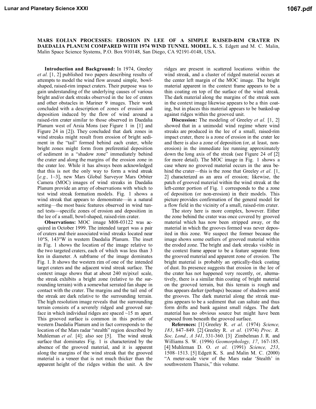 Mars Eolian Processes: Erosion in Lee of a Simple Raised-Rim Crater in Daedalia Planum Compared with 1974 Wind Tunnel Model