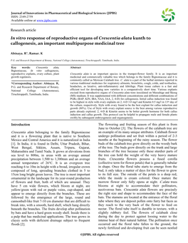 In Vitro Response of Reproductive Organs of Crescentia Alata Kunth to Callogenesis, an Important Multipurpose Medicinal Tree