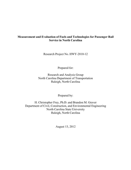 Measurement and Evaluation of Fuels and Technologies for Passenger Rail Service in North Carolina