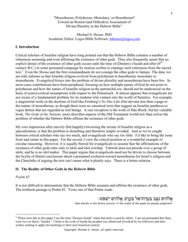 Monotheism, Polytheism, Monolatry, Or Henotheism? Toward an Honest (And Orthodox) Assessment of Divine Plurality in the Hebrew Bible”