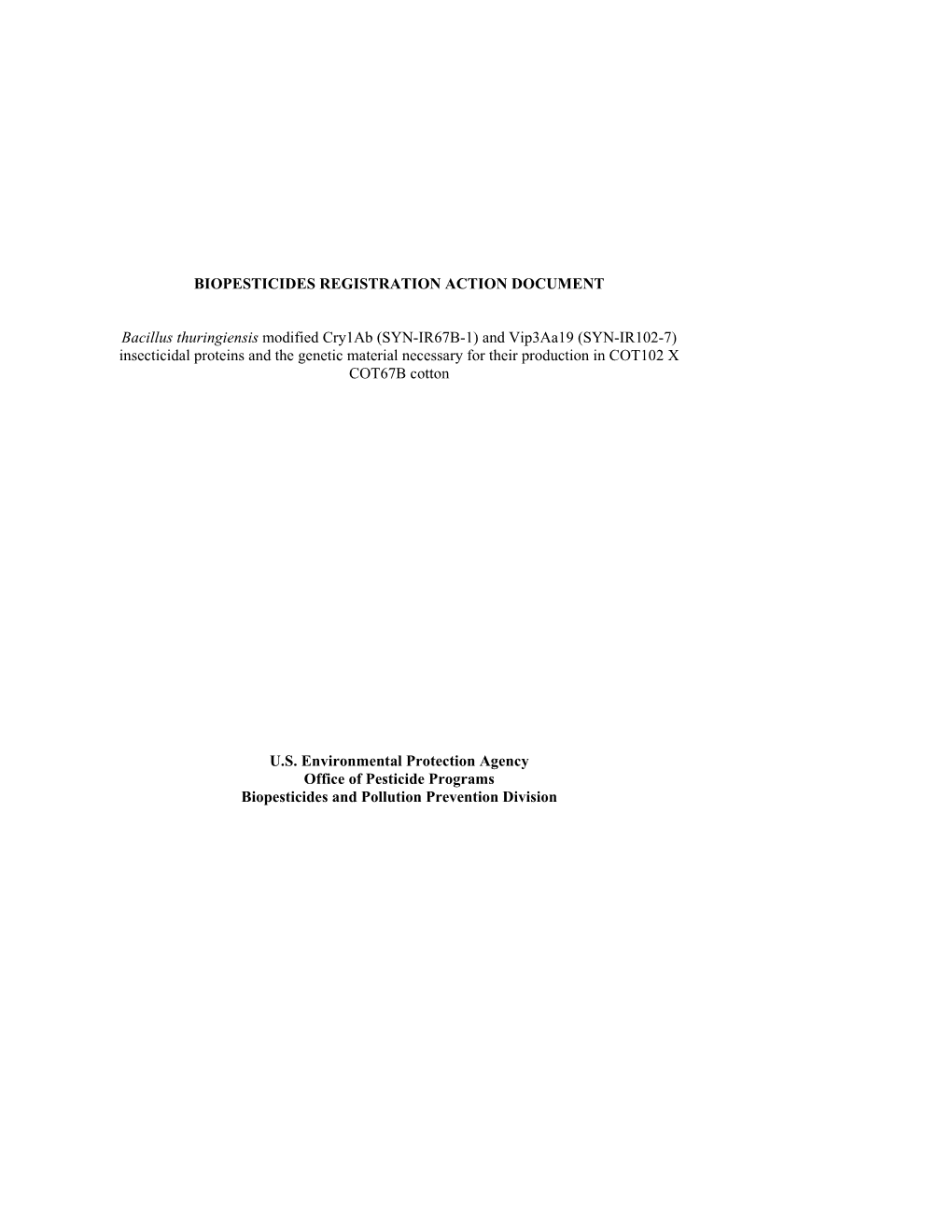 Technical Document for Bacillus Thuringiensis Vip3aa19