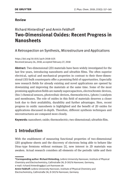 Two-Dimensional Oxides: Recent Progress in Nanosheets