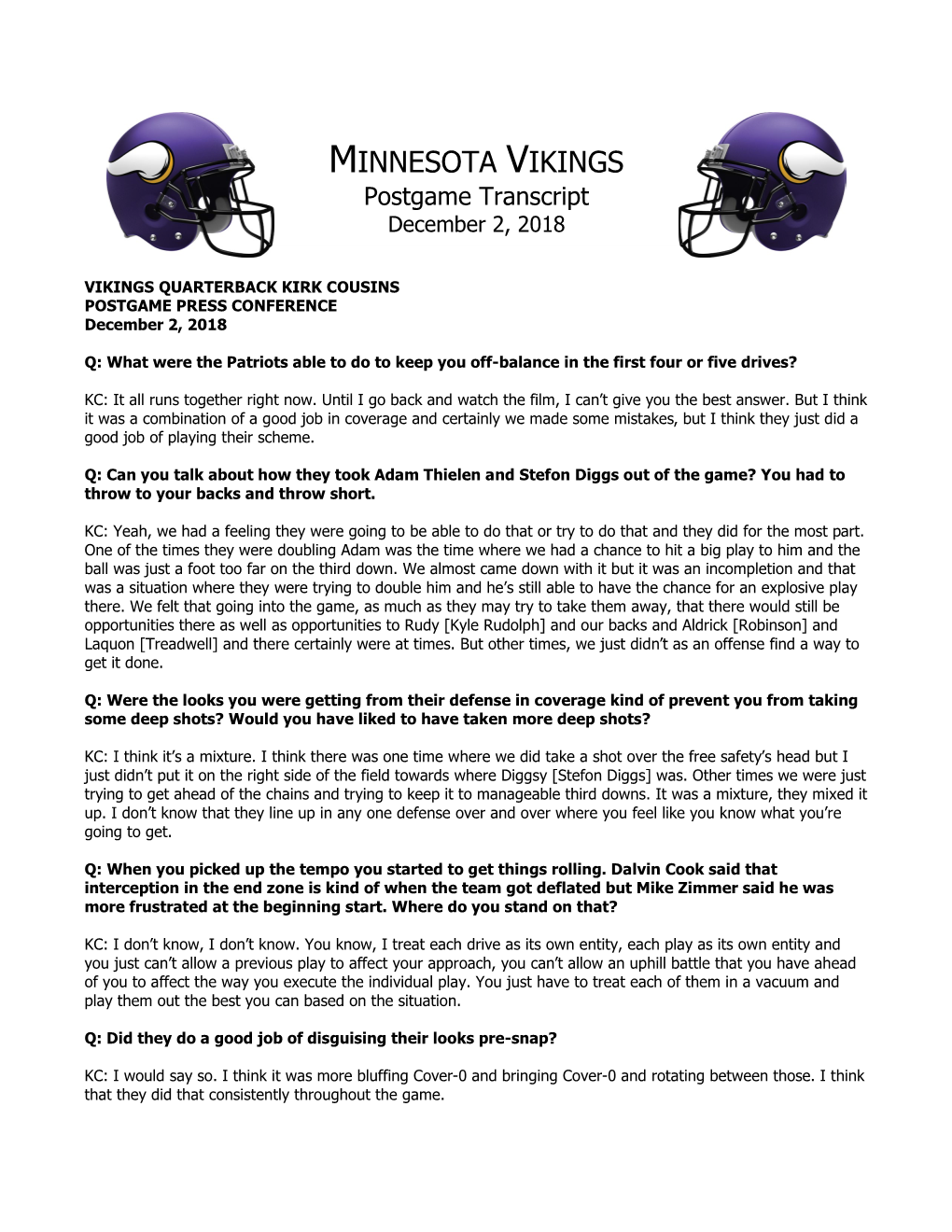 MINNESOTA VIKINGS Postgame Transcript December 2, 2018