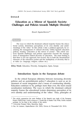 Education As a Mirror of Spanish Society: Challenges and Policies Towards Multiple Diversity*