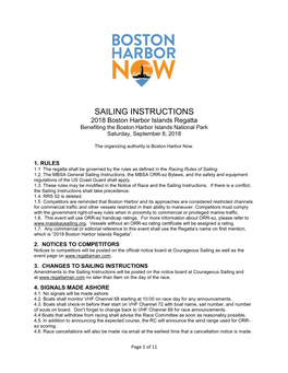 SAILING INSTRUCTIONS 2018 Boston Harbor Islands Regatta Benefiting the Boston Harbor Islands National Park Saturday, September 8, 2018