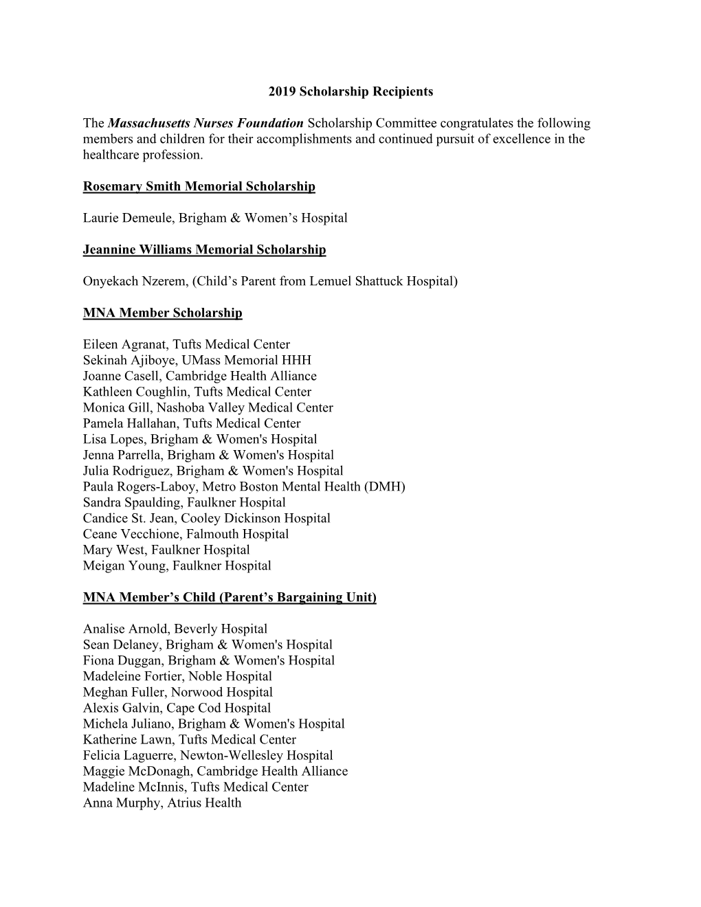 2019 Scholarship Recipients the Massachusetts Nurses Foundation