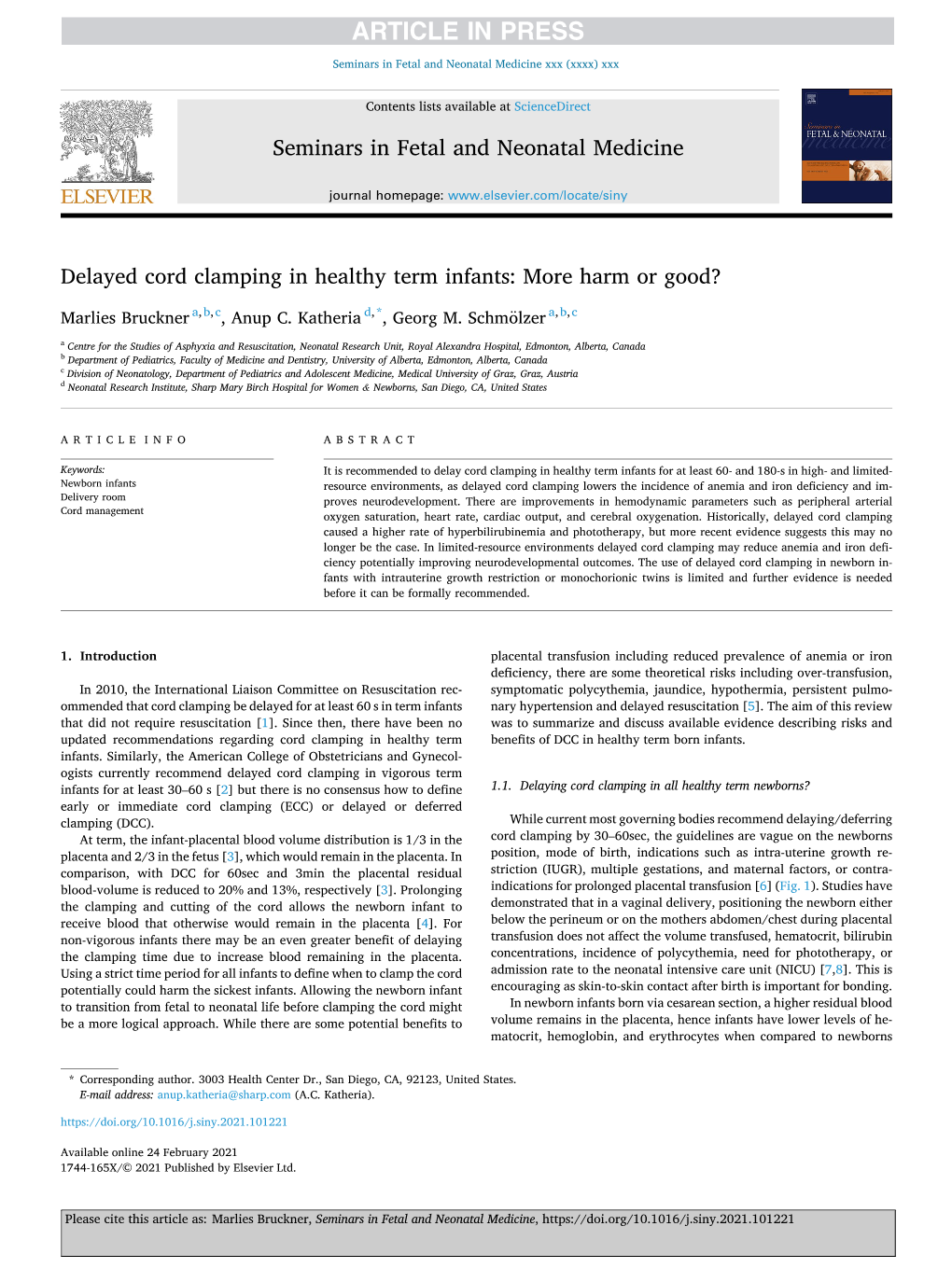 Delayed Cord Clamping in Healthy Term Infants: More Harm Or Good?