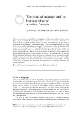 The Value of Language and the Language of Value a View from Amazonia