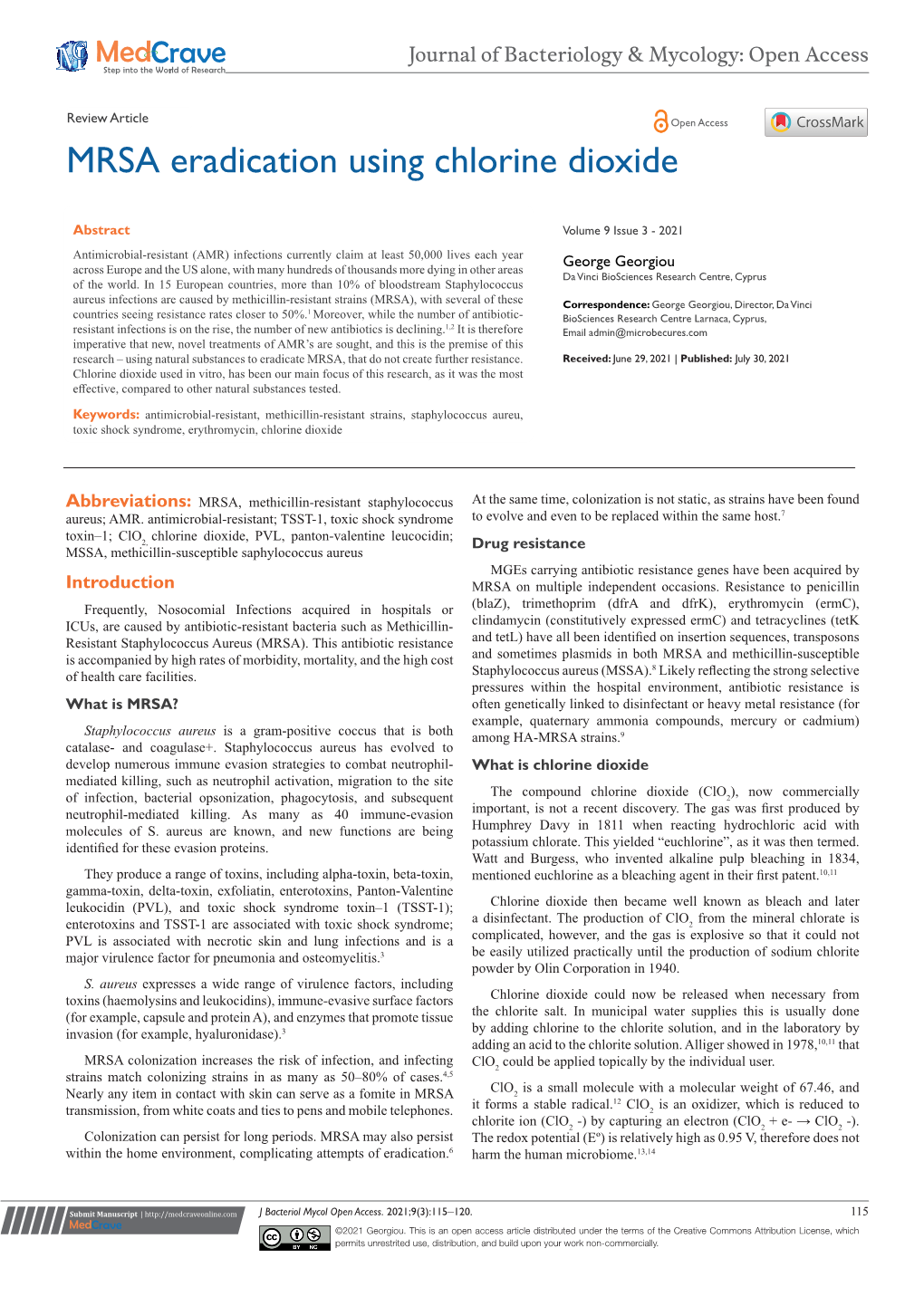 MRSA Eradication Using Chlorine Dioxide