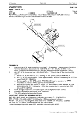 WILLIAMTOWN ELEV 31 AVFAX CODE 2012 NSW UTC +10 YWLM 324742S 1515004E VAR 12 DEG E MIL AD OPR RAAF, Air Base Command Post - RAAF Base, Williamtown, NSW, 2314