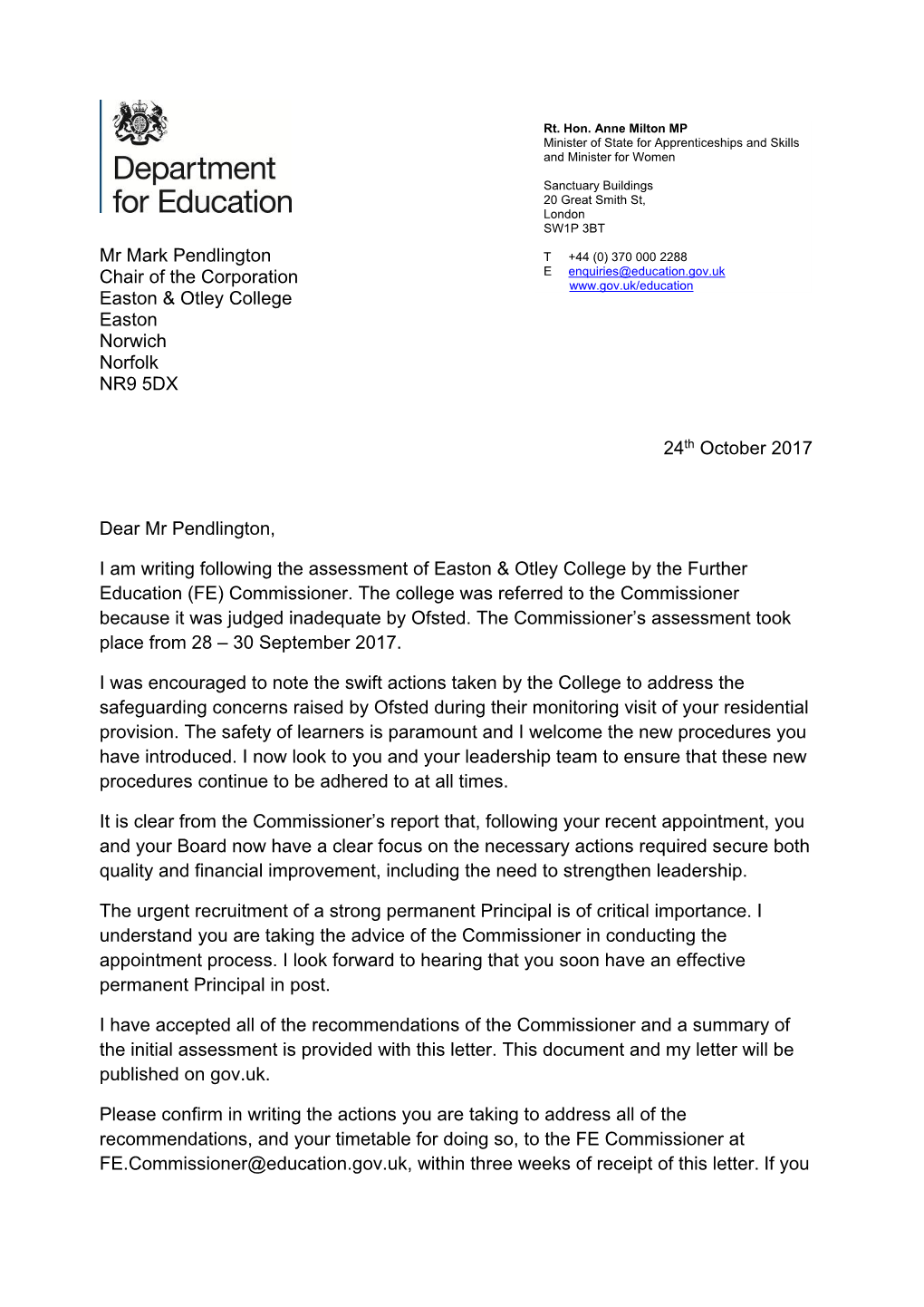 Letter from Anne Milton to Chair of Easton and Otley College