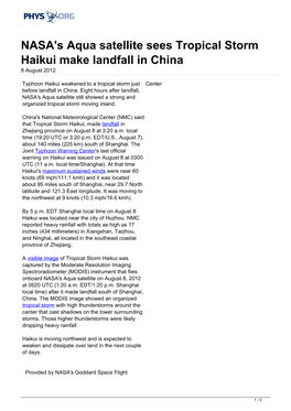 NASA's Aqua Satellite Sees Tropical Storm Haikui Make Landfall in China 8 August 2012