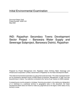 IND: Rajasthan Secondary Towns Development Sector Project – Banswara Water Supply and Sewerage Subproject, Banswara District, Rajasthan