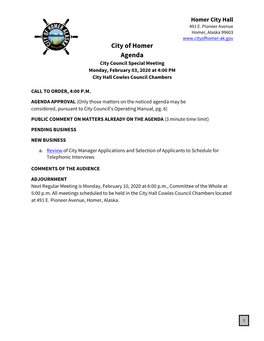 City of Homer Agenda City Council Special Meeting Monday, February 03, 2020 at 4:00 PM City Hall Cowles Council Chambers