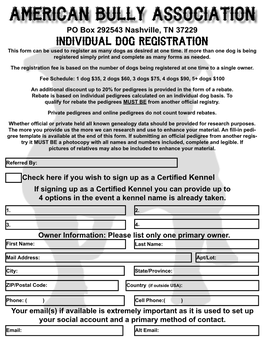 Individual Dog Registration This Form Can Be Used to Register As Many Dogs As Desired at One Time