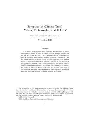Escaping the Climate Trap? Values, Technologies, and Politics∗