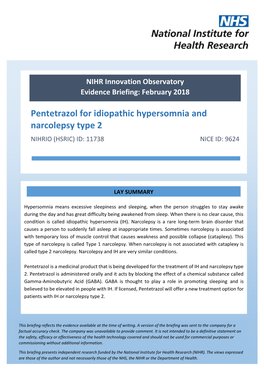Pentetrazol for Idiopathic Hypersomnia and Narcolepsy Type 2 NIHRIO (HSRIC) ID: 11738 NICE ID: 9624