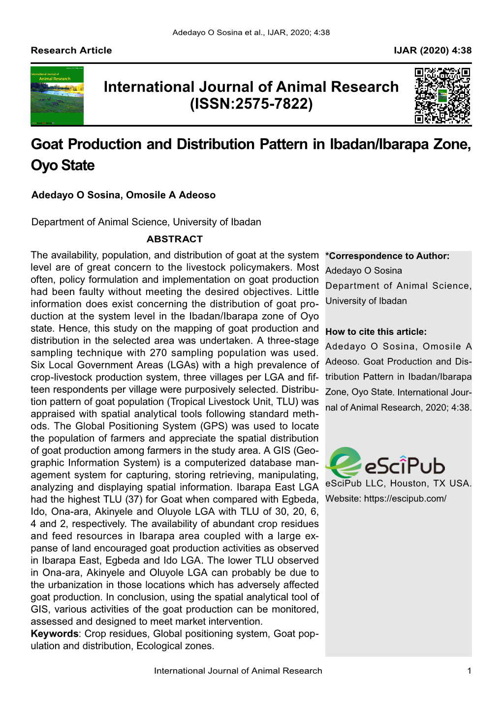 (ISSN:2575-7822) Goat Production and Distribution Pattern in Ibadan/Ibarapa Zone, Oyo S