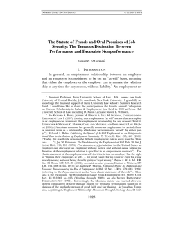 The Statute of Frauds and Oral Promises of Job Security: the Tenuous Distinction Between Performance and Excusable Nonperformance