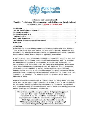 Melamine and Cyanuric Acid: Toxicity, Preliminary Risk Assessment and Guidance on Levels in Food 25 September 2008 - Updated 30 October 2008