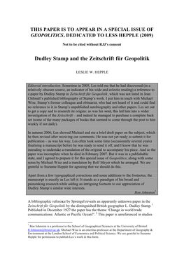 Dudley Stamp and the Zeitschrift Für Geopolitik