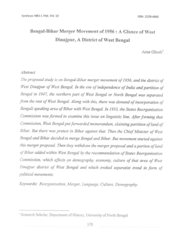 Bengal-Bihar Merger Movement of 1956: a Glance of West Dinajpur, a District of West Bengal