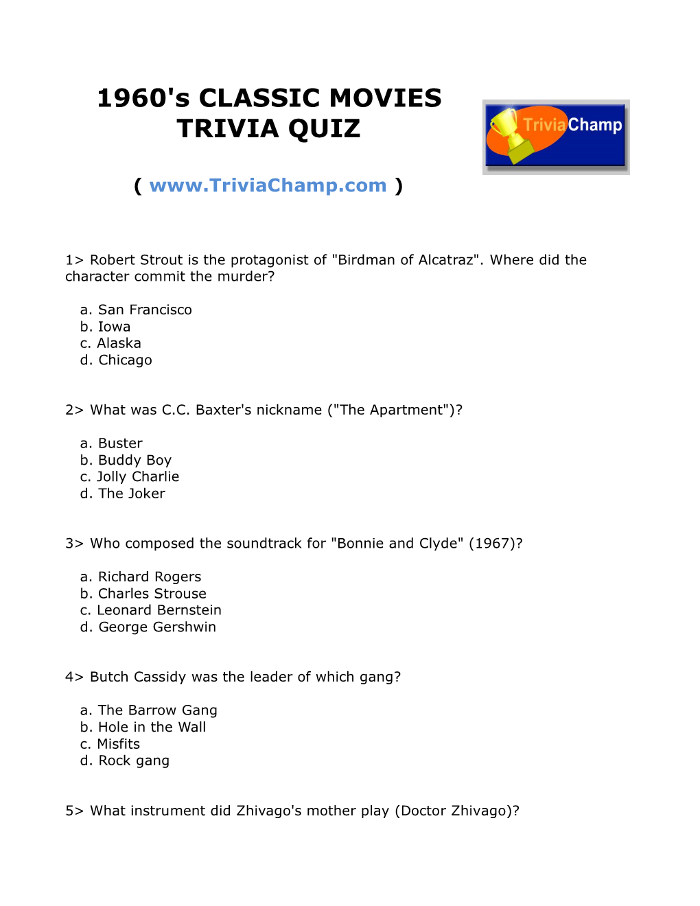 1960'S CLASSIC MOVIES TRIVIA QUIZ